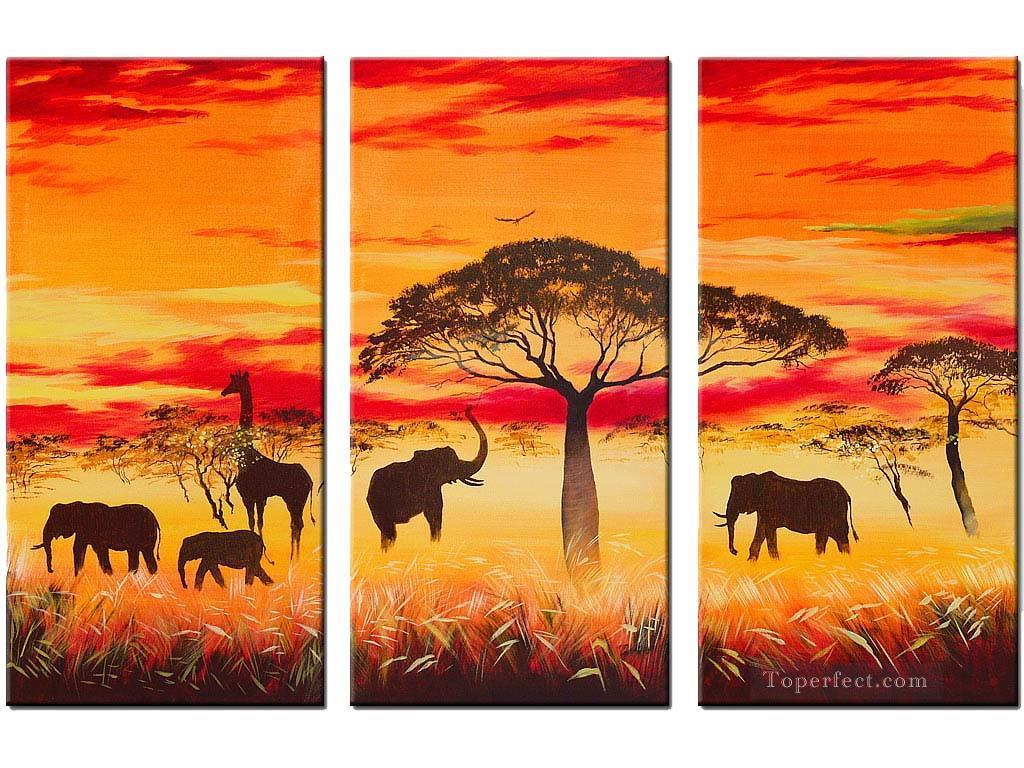 Elefantes bajo los árboles al atardecer africano. Pintura al óleo